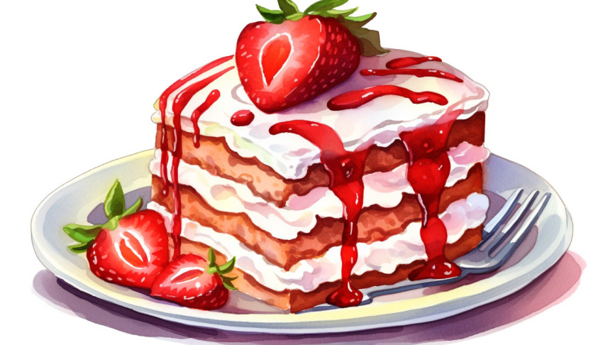 A photo of a watercolor Clipart strawberry Cake, free ai prompts for food clip art