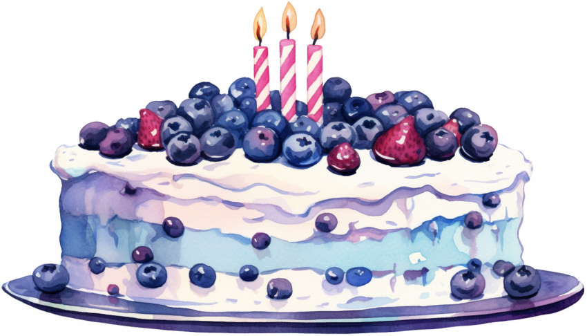 A photo of a watercolor blueberry fruit birthday cake clip art, free ai prompts for food clip art