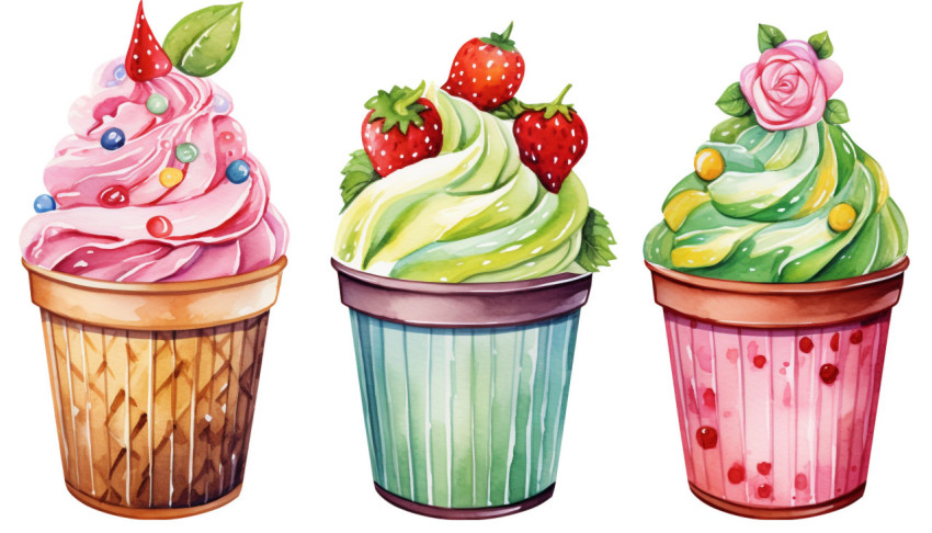 A photo of a watercolor Clipart ice cream cup, free ai prompts for food clip art