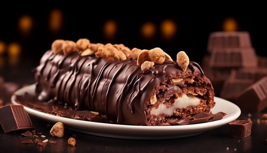 Side view chocolate ice cream with nuts and wafer rolls, free ai prompts for ice cream scoop