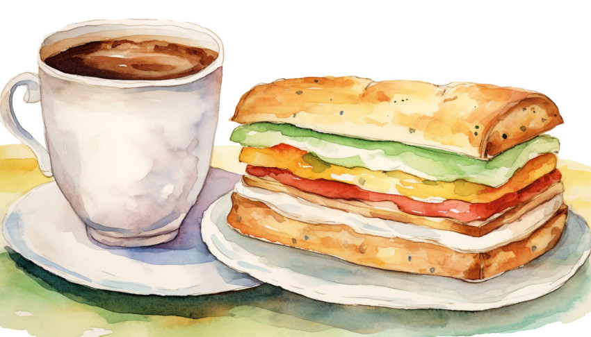 A photo of a watercolor clipart of a sandwich and a cup of coffee, free ai prompts for food clip art