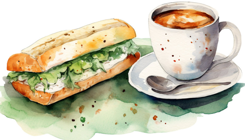 A photo of a watercolor clipart of a sandwich and a cup of coffee, free ai prompts for food clip art