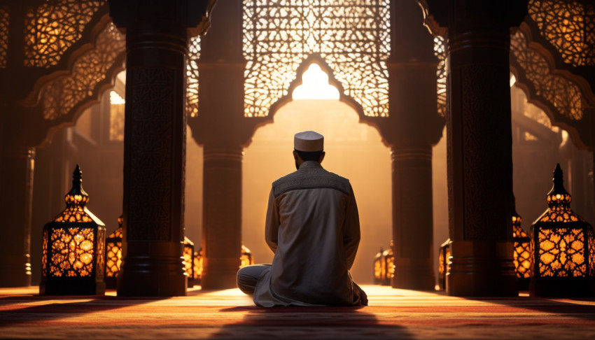 A man praying inside a beautifully structured mosque