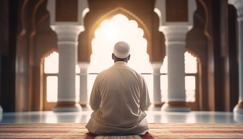 Muslim man praying in the mosque back view