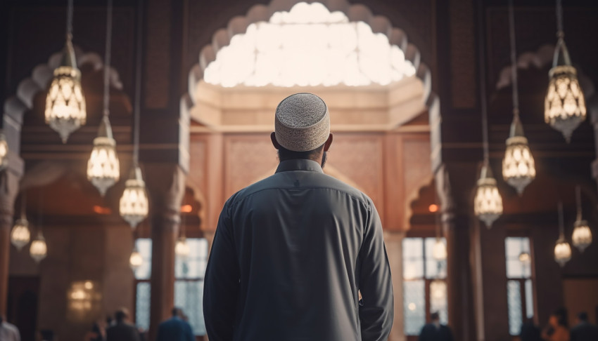 Back View of Muslim Man Praying in Mosque
