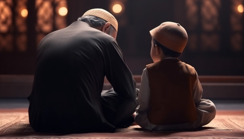 Ramadan kareem greeting father and son in mosque muslim praying