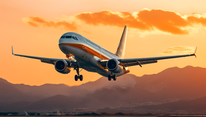 Airplane Takes Off Into Golden Sunset