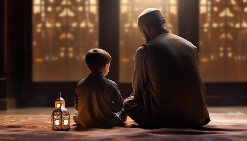 Muslim Man and Child Praying in Back View of Mosque