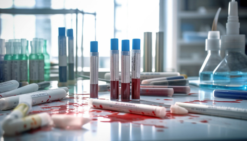 Medical test tubes with blood on desk in laboratory