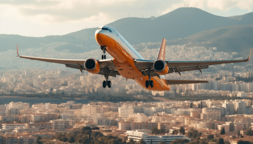 Airplane soaring over cityscape