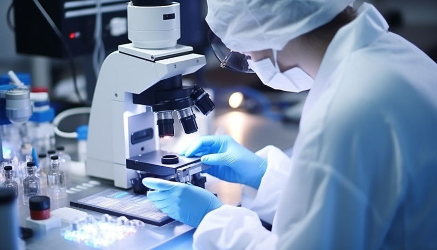 Medical laboratory scientist hands using microscope for chemistr