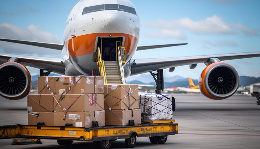 Airplane wing with luggage and cargo at the international airpor