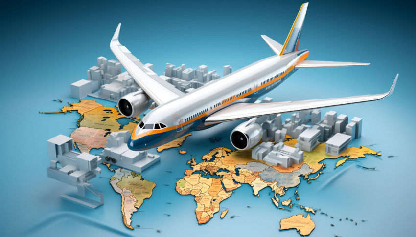 Photo 3d rendering of a world map packages an airplane