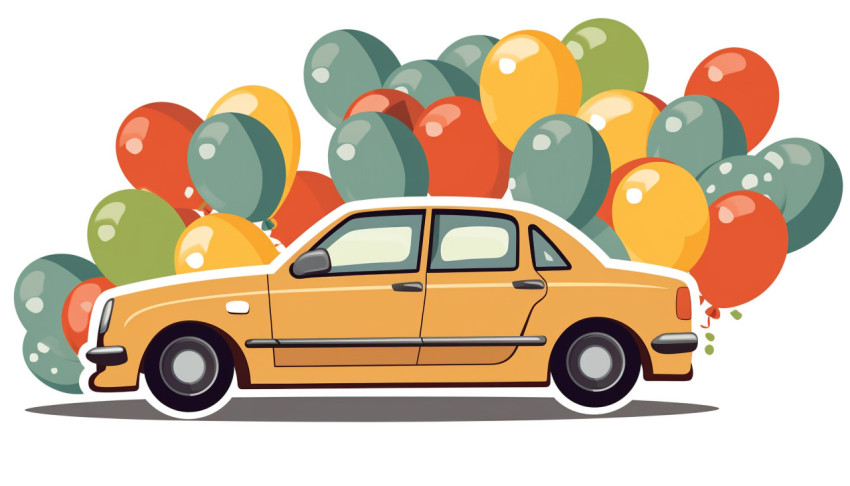 Sticker template with a car and many balloons