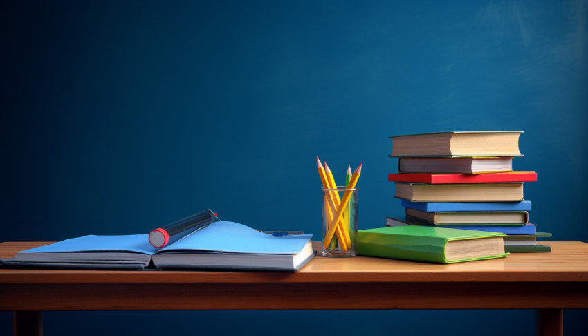 School desk with books on blue background