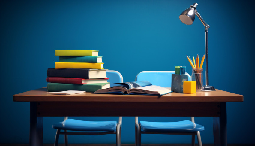 Blue Desk with Books and School Supplies