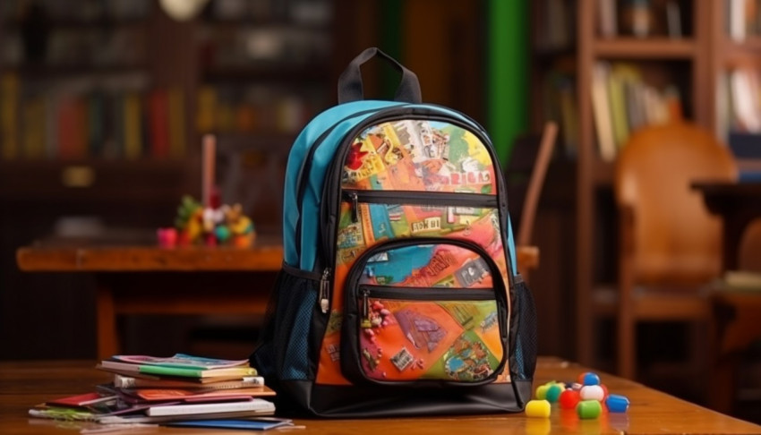 Backpack with different colorful stationery on table. banner des