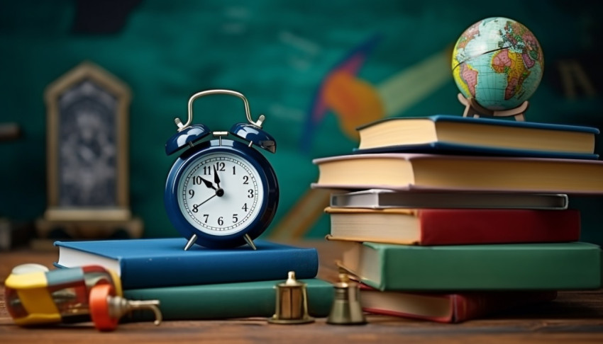 Blue and wood still life with old books and alarm clock