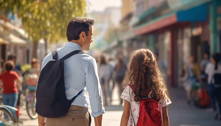 First day at school father leads a little child school girl in f