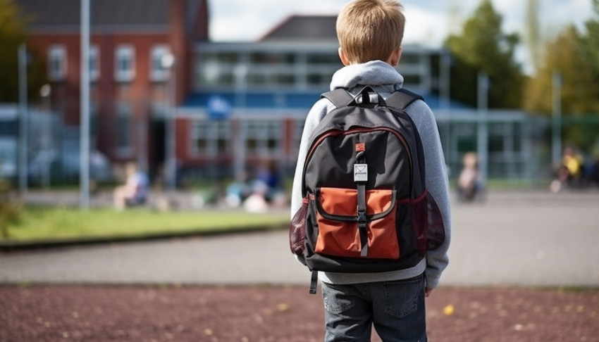 Young boy getting back to school back view