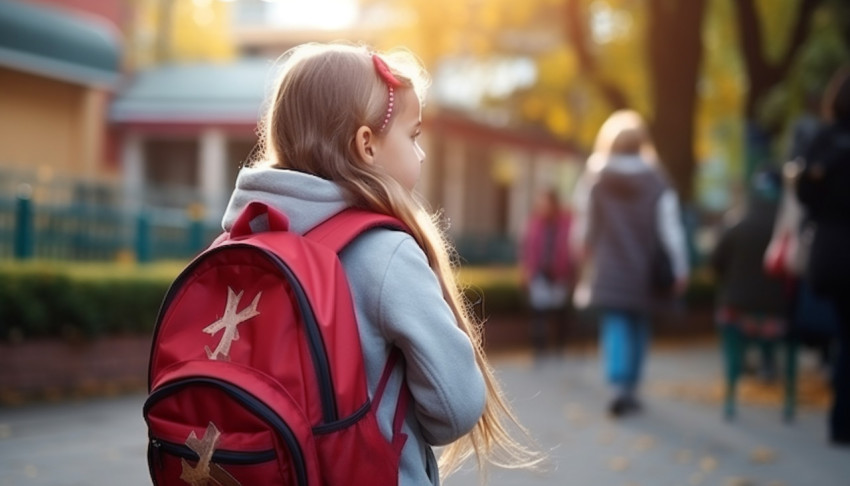 Little girl goes to the elementary school child with a backpack