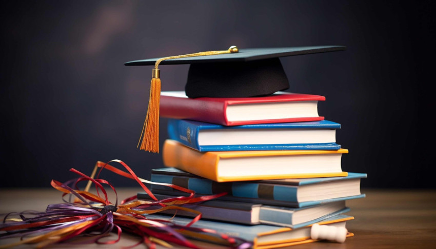 Front view of stacked books a graduation cap and ladders for edu