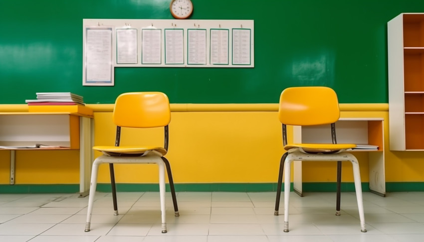 Empty interior of classic school classrooms with white chalk on