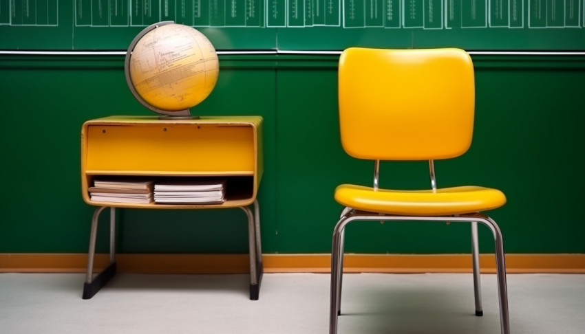 Schoolroom Interior with Yellow Walls and Green Chair