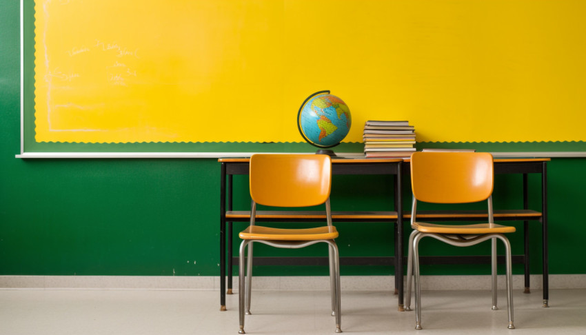 Empty Classroom with Chalkboard and Chair