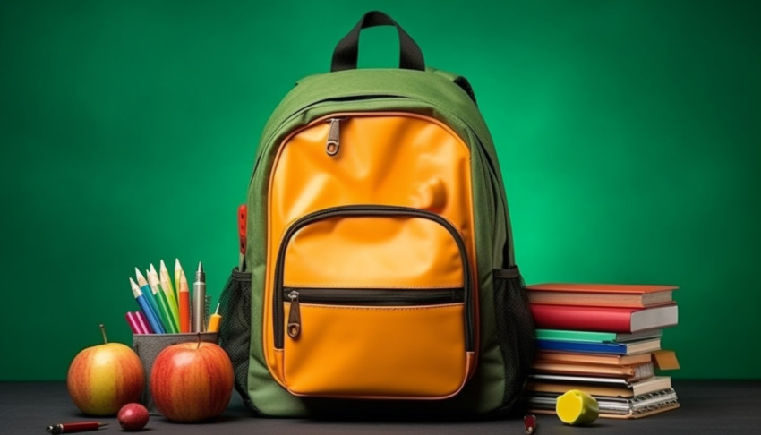 School bag backpack with supplies for school on the background o