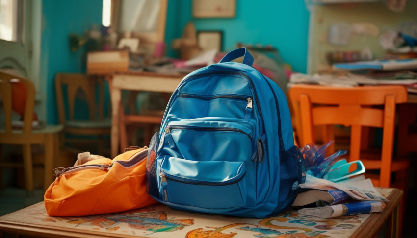 Blue school bag on the table