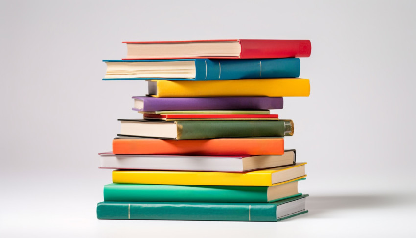 Colorful hardcover books flying on white background stack of boo