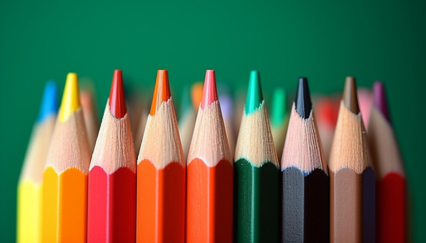 A stack of colored pencils on a desk with a green background