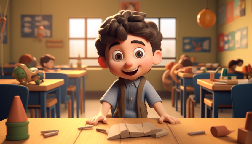 Cheerful 3D Cartoon Boy in Classroom