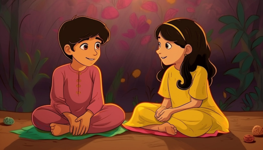 A cartoon brother and sister sitting on the ground