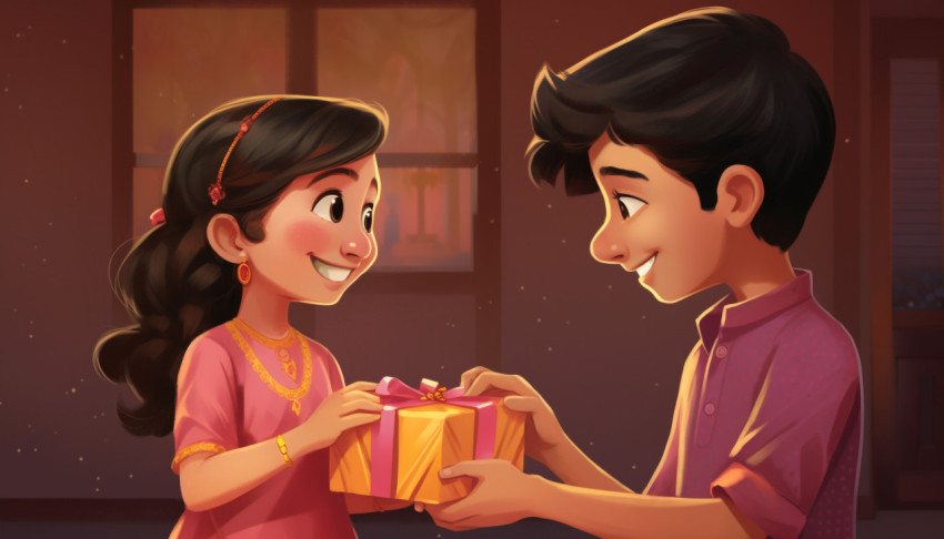 An image of raksha bandhan two kids brother and sister and a present