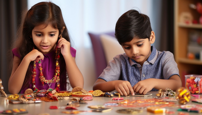 Brother sister kids celebrating rakhi at home