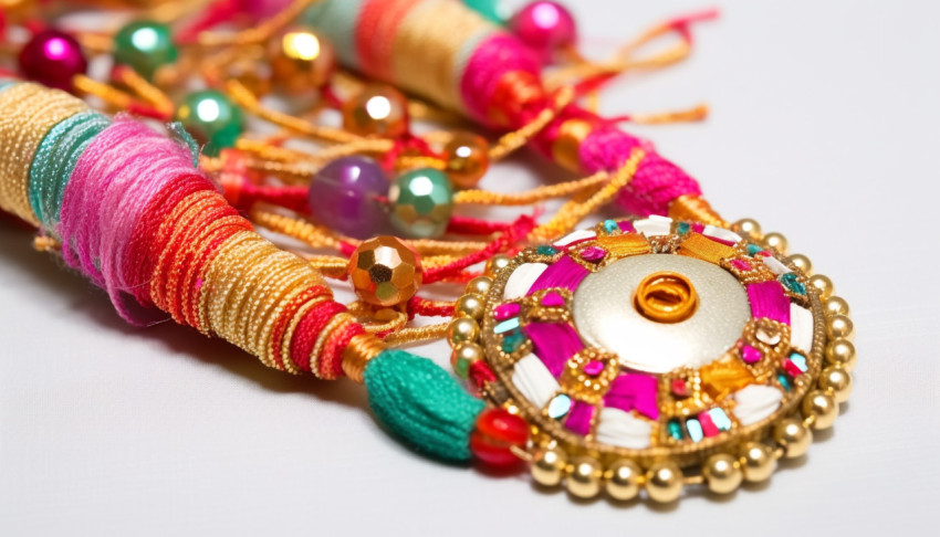 A white rakhi made of colourful cloths and beads stock photo