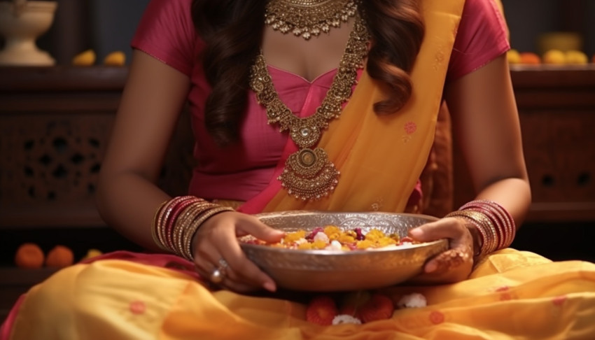 Sister with pooja plate and rakhi waiting alone for her brother on the occasion of raksha bandhan