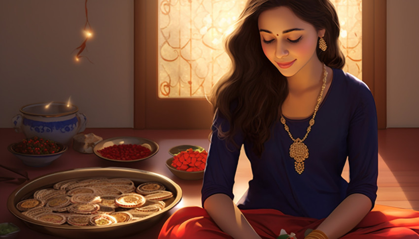 Young Sister with Rakhi and Pooja Plate Waiting for Brother on Raksha Bandha