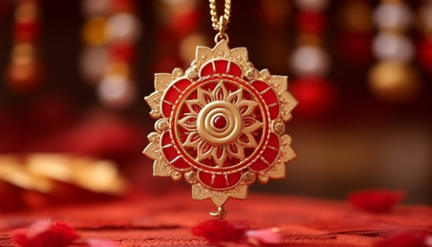 Raksha bandhan indian festival with beautiful rakhi on red background