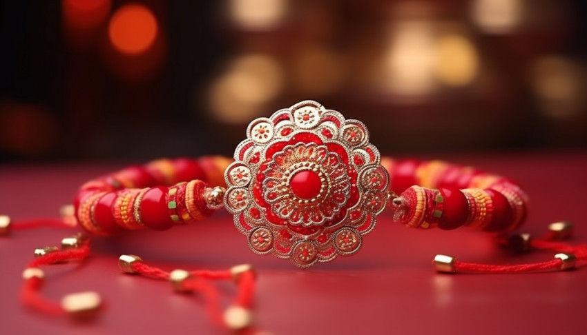 Rakhi with Red Thread and Flowers