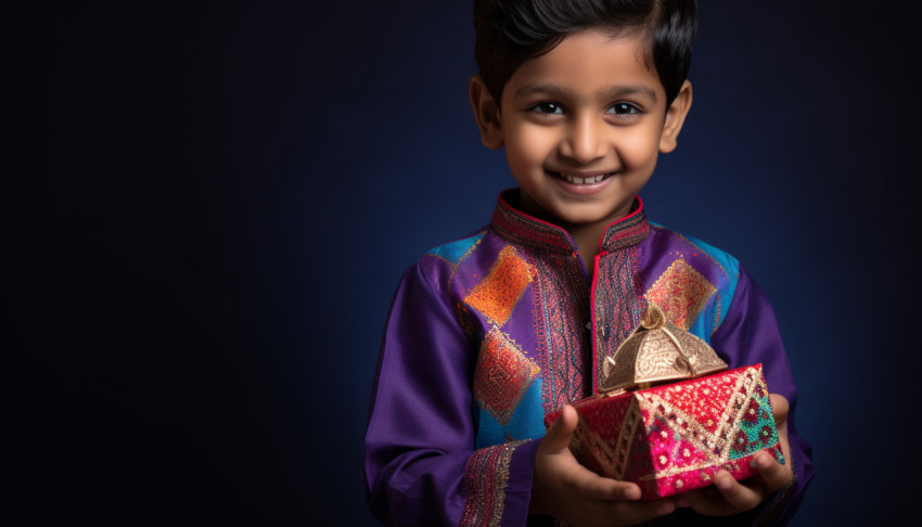 A young child wearing a feniksh kurta playing with a gift