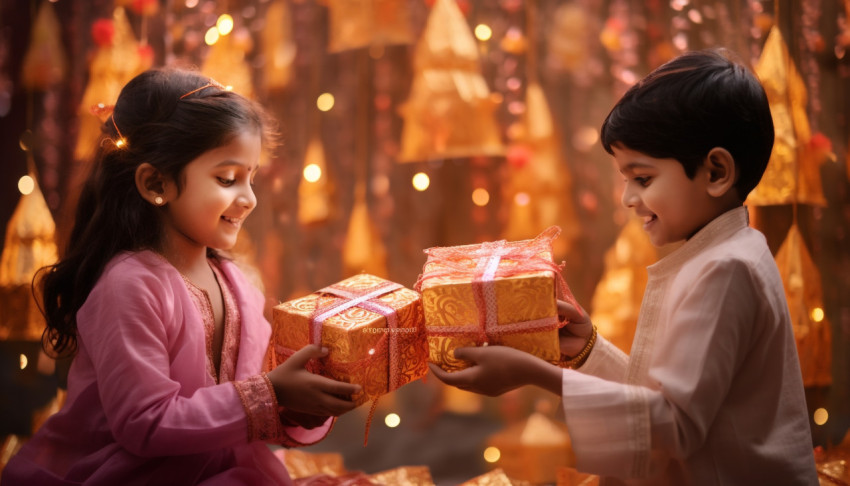 Two young children are holding gifts and are playing, in the style of indian traditions