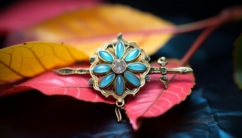 An indian rakhi atop a yellow leaf with blue and green flowers