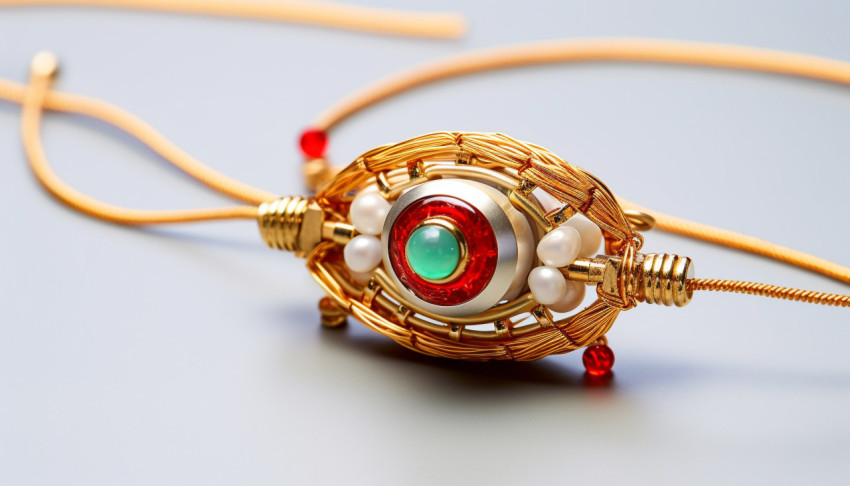 A gold rakhi made with red rakhi and red beads