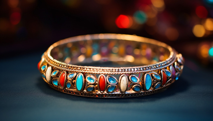 A colorful jewelry bracelet on top of a white background