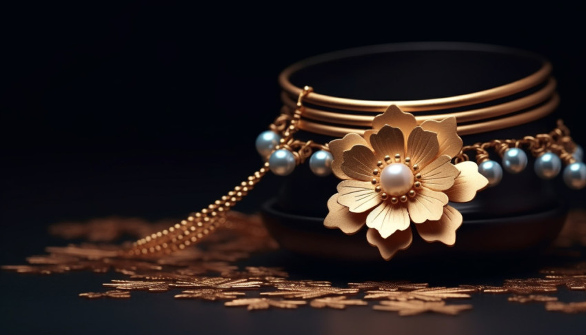 Gold necklace with flower and pearl