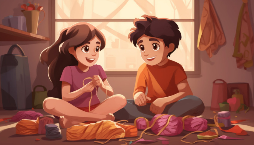 A brother and sister in an rakhi sitting on the floor and prepar