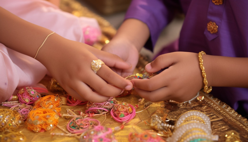 Childs hands on his eldest brother to give their hands rakhis fo